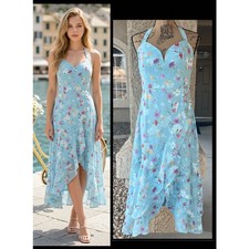 Lulus Elevated Blue Floral Jacquard Tie-Strap High Low Midi Dress Size M