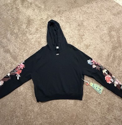 Off-White Black Floral Graphic Print Pullover Hoodie Drawstring, Unisex M