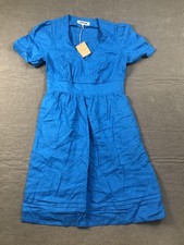 Boden Dress Womens 4 Blue V Neck Short Puff Sleeve Linen Fit Flare NWT