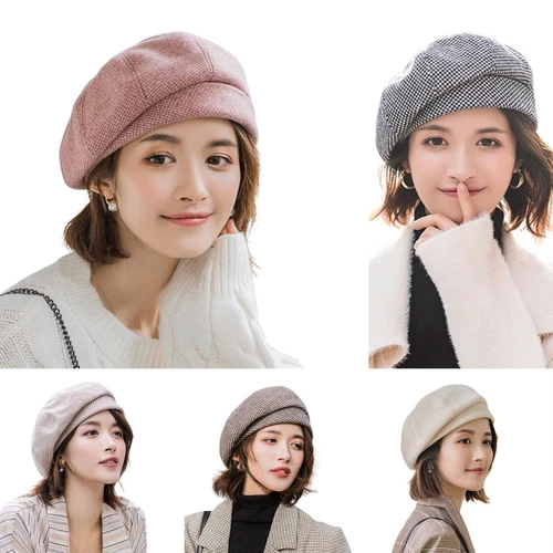 Damen Retro Achteckigen Plaid Wintermütze Barett Maler Beanie Cap Baskenmütze