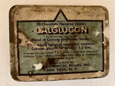 Metal medicinal tin box case Sandoz Calglucon