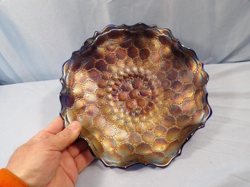 Vintage Fenton Blue Carnival Glass FEATHER STITCH Bowl 9" Wide