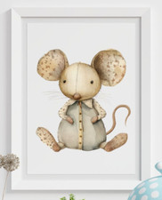 Mouse Plush Art Print, Vintage Plush Nursery Art Print, Kids Wall Art Decor