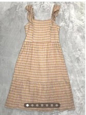 LOFT Outlet Womens Size XL Orange Blue Plaid Ruffle Strap Smocked Midi Dress