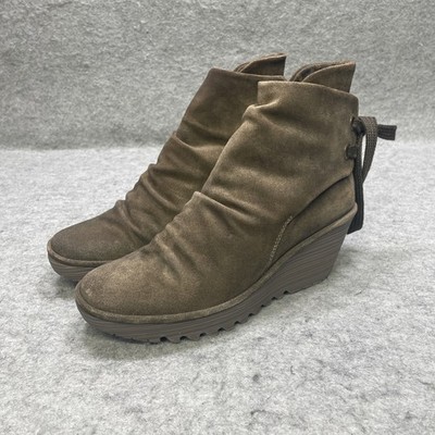 FLY London Womens EU 41 US 10 Olive Suede Slouch Wedge Ankle Boots Lace Back