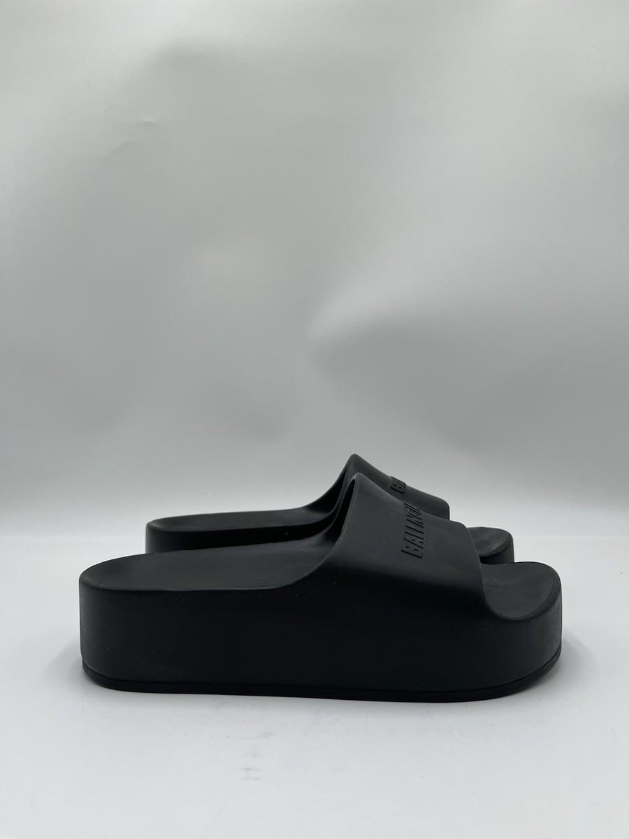 Balenciaga Logo Platform Slide Sandals in black rubber Size 37 | eBay