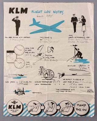 KLM Flight Log Notes PH-TPJ Douglas DC-6 Inflight Airline Bulletin abgestürzt