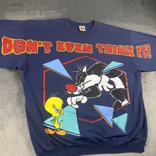 Vintage 1997 Looney Tunes Sylvester Tweety Sweatshirt XL Wrap Print Navy 90s WB