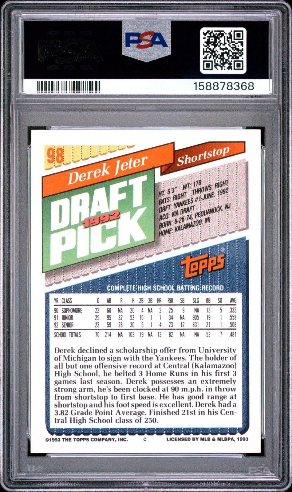 PSA 9 mint 1993 TOPPS #98 DEREK JETER RC Yankees MVP HOF legend view 2