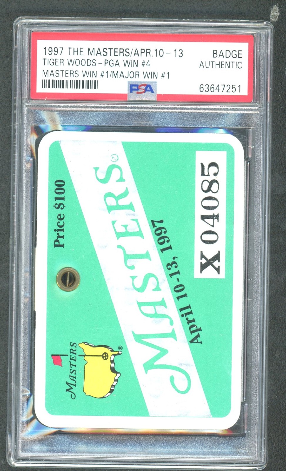 1997 Masters Badge Ticket TIGER WOODS 1st PGA Masters Win - PSA AUTHENTICATED!