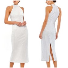 Mac Duggal NWT Lattice Embellished Halter Neck Midi Sheath Dress White Size 10