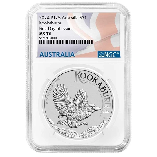 Australia 2024 $1 1-oz Silver Kookaburra NGC MS70 FDI Australian Flag Label