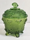 Vintage Jeanette Green Glass Footed Bowl Candy Dish Grapes & Leaves Design