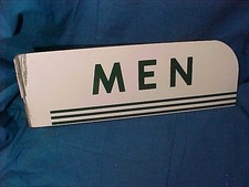 1950s TEXACO GAS STATION Green+ White PORCELAIN Enamel MENS ROOM Flange SIGN