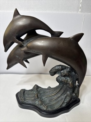 Bronze 3 Dolphin Sculpture on Black Base   Nautical Ocean Wave Sea Life Decor