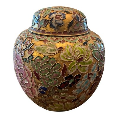 Vintage Lidded Cloisonne Jar Urn Container Floral 6.5 x6 