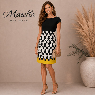 Marella by Max Mara Damen Etuikleid schwarz weiß gelb, 60er Jahre Stil UK 10