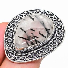 Natural Black Rutilated Quartz Gemstone 925 Sterling Silver Ring Size 7 D934