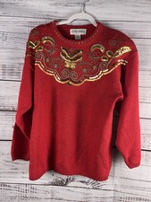 Victoria Harbour Womens Embroidered Sequins Beaded Sweater Size L Holidays Vtg