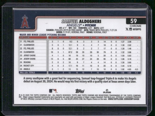 2025 Topps Chrome #59 Samuel Aldegheri Gold Raywave Refractors #14/50 - Picture 2 of 2