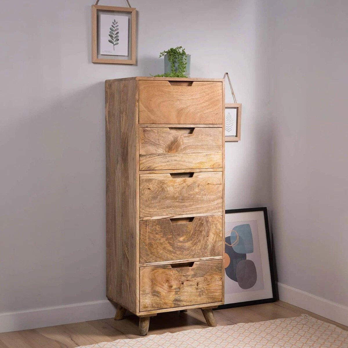 RETRO LIGHT MANGO WOOD CHEST OF 5 DRAWERS STORAGE 125CM