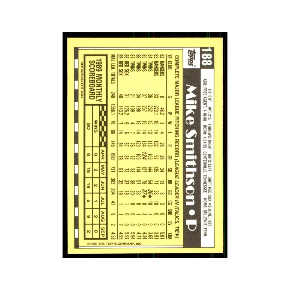 Mike Smithson 1990 Topps Tiffany #188 Boston Red Sox Baseball Card NM - Image 2 of 3