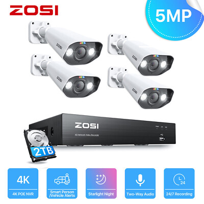 ZOSI 5MP PoE Überwachungskamera Set AI System 8CH 8MP NVR 2TB HDD Bullet Kamera