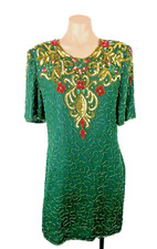 VTG SCALA 100 Silk Sequin Beaded Evening Holiday Green Gold Trophy Wife sz P-XL