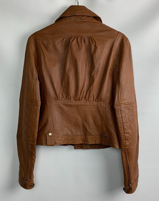 Kenna-T Moto Jacket Brown Leather Collared Zip Snap Pockets Lined