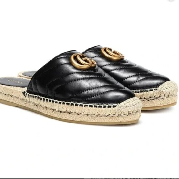 PANTOFOLA D’ORO Gucci Nappa Matelasse GG Marmont Nero Mules Espadrillas Taglia 37 5