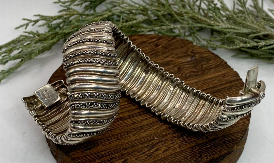 Pulsera Omega Vintage Sterling A925 Tailandia, marcasita, ancha pesada 8" - 47,2 g Foto 3 de 4