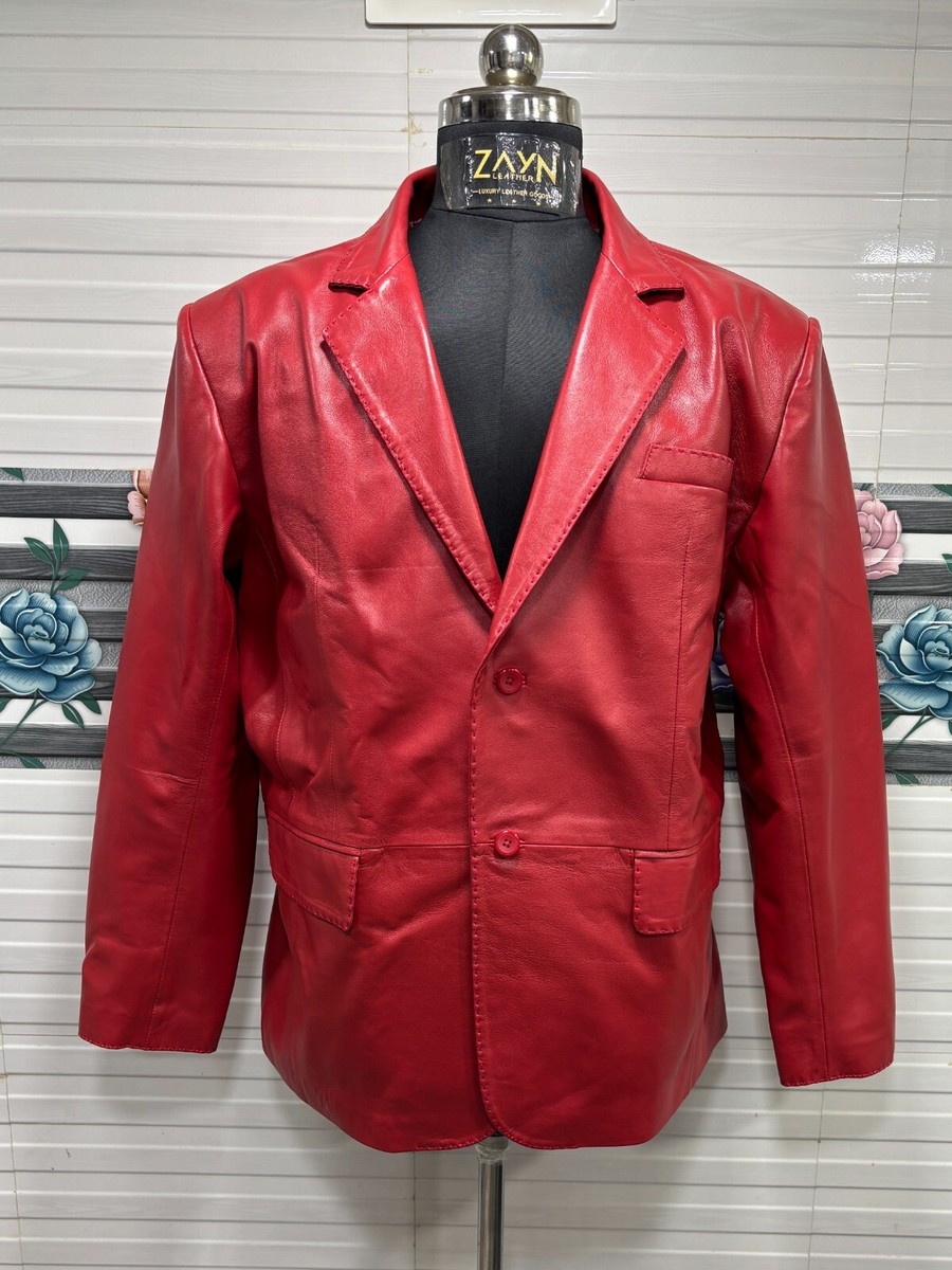 Men's Red Leather Blazer Two Button Wedding Coat 100% Real Leather
