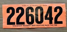 1968 Wisconsin Resident Deer Gun Hunting Back Tag License Blaze Orange Plastic