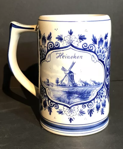 Vintage Heineken Delft Blue Holland Porcelain Beer Stein Mug Windmill Dutch 16oz