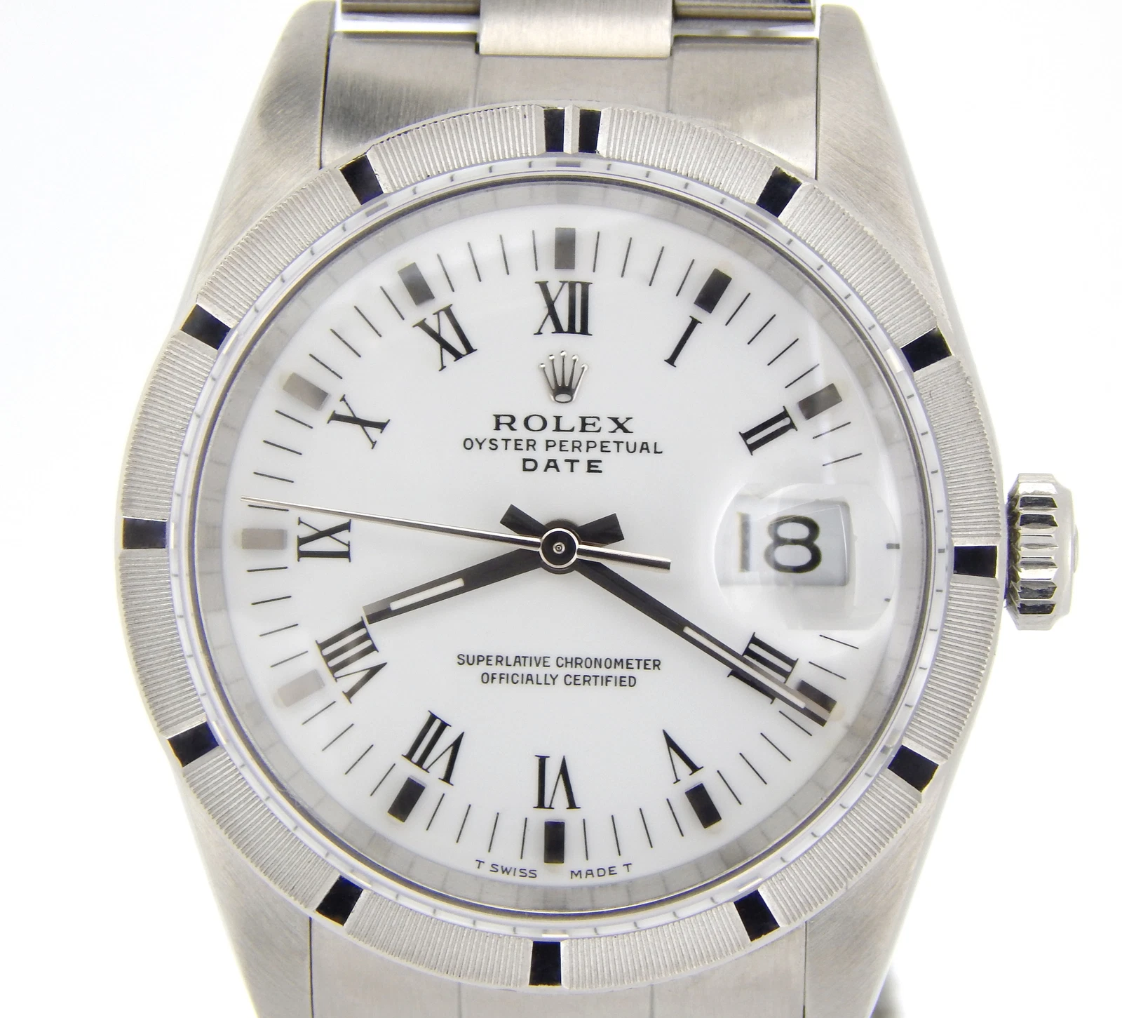 Rolex — Mens Rolex Date Stainless Steel Watch Oyster Bracelet White & Black Roman 15010