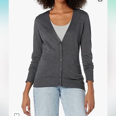 NWT Amazon Essentials Women's V-Neck Cardigan Sweater Charcoal Gray in Sz Medium