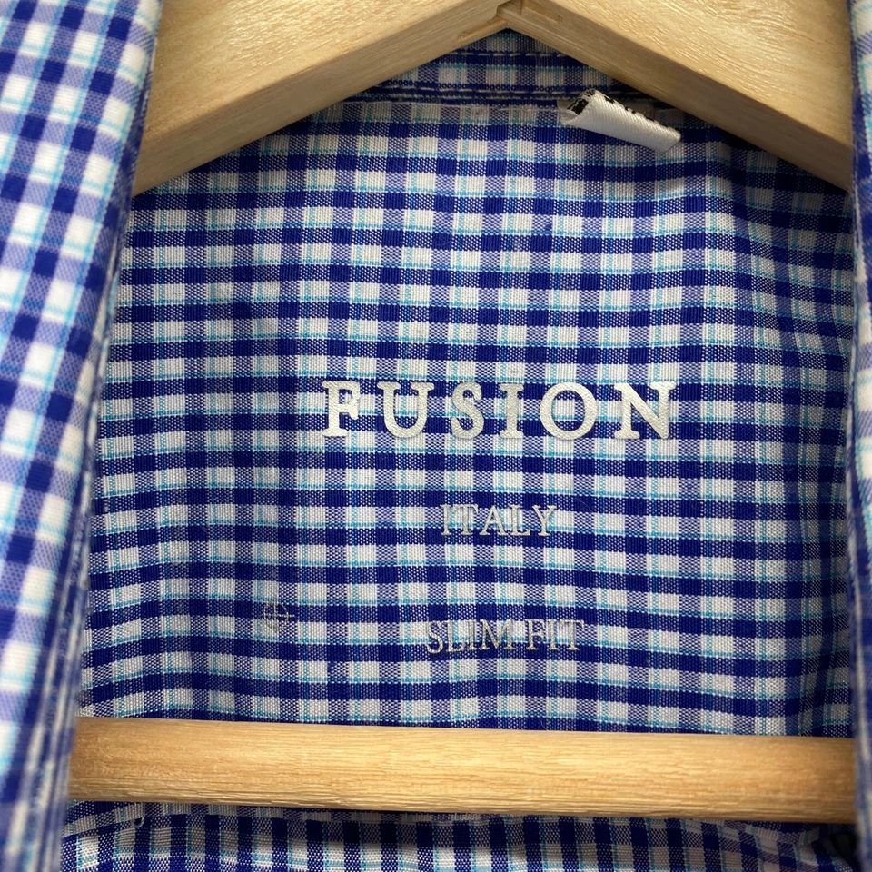 Fusion Shirt Men 17 Blue Plaid Button Up Collared Slim Fit Long Sleeve Regular - Image 3 of 4