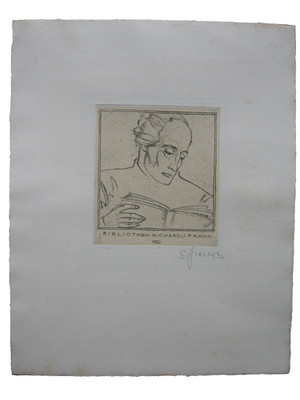 Sepp Frank (1889-1970) bookplate Richard Frank reading etching 1920 sign