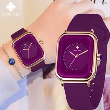 2025  Luxury Women’s Square Watch - Purple Quartz Waterproof Silicone Band Relog
