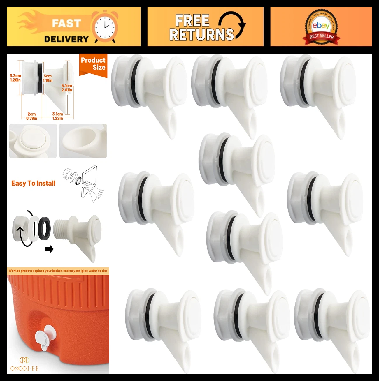 Durable Push-Button Spigot Replacement for 2-10 Gallon Water Coolers - 10 Pack