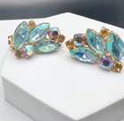 Vintage Estate Gold Tone Blue / Green Rhinestone Earrings 2 Pairs Clip On — photo 5