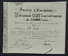 Belgium - Royal Harmony Society (Concert Hall) - 1861 - bond for 100 francs
