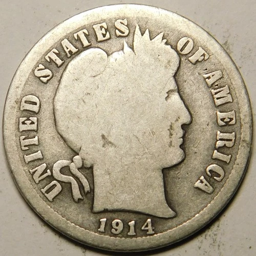 1914 P Barber Dime G-VG  90% Silver   "Actual Coin Pictured- Not Cleaned"