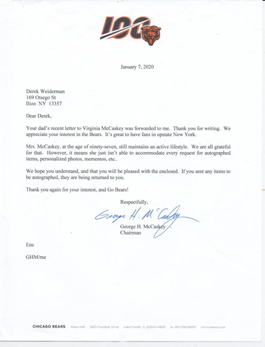 George H. McCaskey- Signed/Autograph/Auto 8.5x11 Football NFL Letter Bears