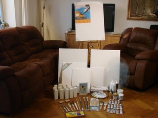 Großes BOB ROSS Set 2 Staffeleien Leinwände Acrylpaletten Pinsel Ölfarben