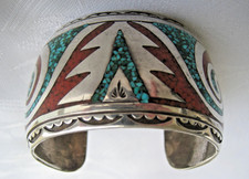 Armreif Juan T. Singer 925 Silber Türkis Koralle nativ Navajo Inlay Spange 74,8g
