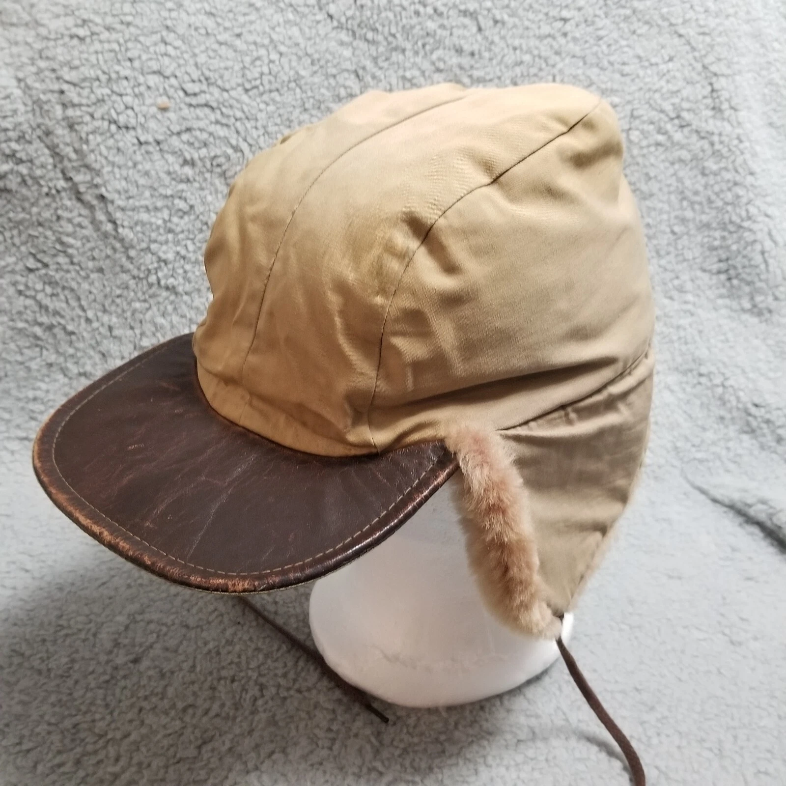 Vtg Aviator Trapper Hat Leather & Real Shearling Mens Large Leather Bill