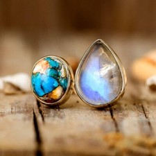 Oyster Copper Turquoise and Moonstone Ring 925 Sterling Silver Adjustable Ring
