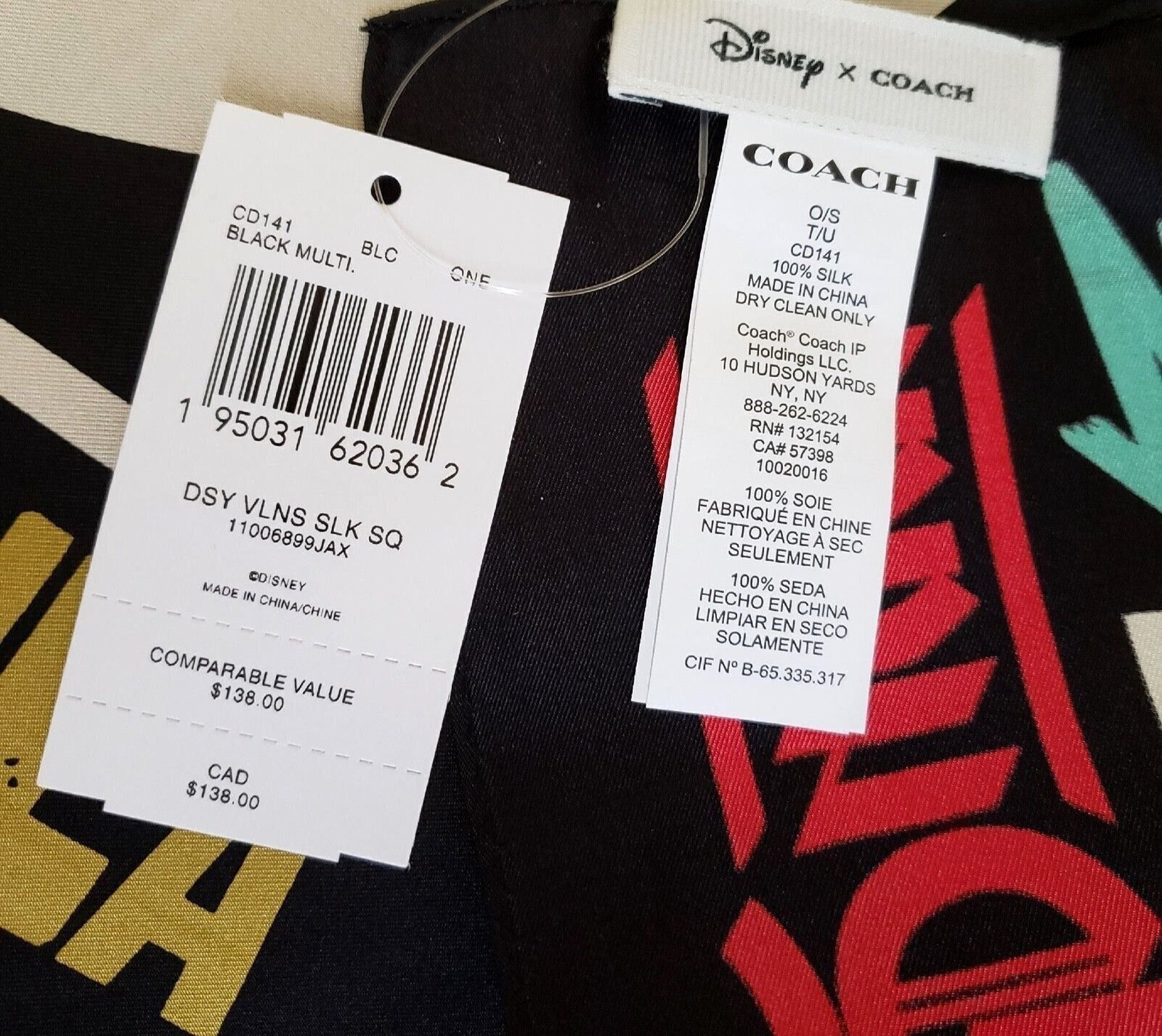 NWT Coach X Disney Villains Ursula Print Silk Square Black Scarf 35" x 35" CD141 image 2