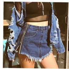 Carmar Beatrice Zip Front Denim Jean Micro Skirt Reflective Stripes Raw Hem 24